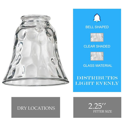 Clear Bell Glass Replacement Shade Set For Ceiling Fans And Wall Fixtures, transparent glass with textured design, 2.25" fitter.