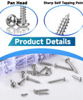 Close-up of 550 Piece Stainless Steel Wood Screw Kit With Self Tapping Phillips Pan Head Screws In 18 Sizes From 1/4 To 1-1/2 Inch