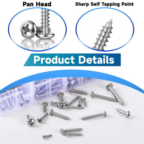 Close-up of 550 Piece Stainless Steel Wood Screw Kit With Self Tapping Phillips Pan Head Screws In 18 Sizes From 1/4 To 1-1/2 Inch