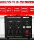 Beefy 1000 Watt Voltage Converter Transformer for 110V and 220V devices, front view showing outlets and power switch