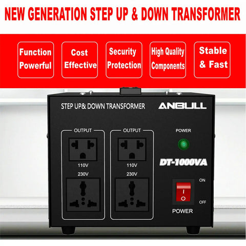 Beefy 1000 Watt Voltage Converter Transformer for 110V and 220V devices, front view showing outlets and power switch