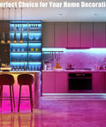 Modern kitchen with 50Ft Bluetooth RGB LED strip lights, purple and blue illumination on cabinets and counters, dope vibe decor