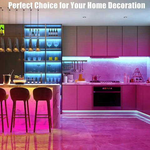 Modern kitchen with 50Ft Bluetooth RGB LED strip lights, purple and blue illumination on cabinets and counters, dope vibe decor