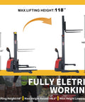 Heavy Duty Electric Pallet Stacker Delivering 3300 Lbs Capacity And 118 Inch Lift Height For Tight Warehouses With No Sweat Maneuvering, side view with lift height details.