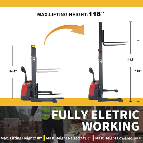 Heavy Duty Electric Pallet Stacker Delivering 3300 Lbs Capacity And 118 Inch Lift Height For Tight Warehouses With No Sweat Maneuvering, side view with lift height details.