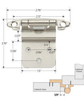 Heavy Duty Satin Nickel Self Closing Cabinet Hinges, 3/8 Inch Overlay, 50 Pack With All Included Mounting Screws And Quiet Bumpers close-up image with dimensions.