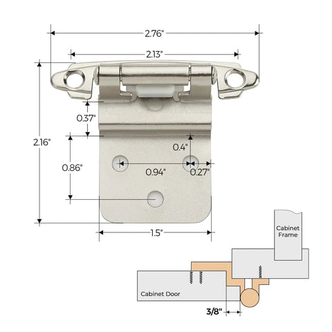 Heavy Duty Satin Nickel Self Closing Cabinet Hinges, 3/8 Inch Overlay, 50 Pack With All Included Mounting Screws And Quiet Bumpers close-up image with dimensions.