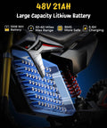 Close-up of 48V 21Ah lithium battery inside Power Packed 3500W Peak Electric Dirt Bike for Teens and Adults, detailed view