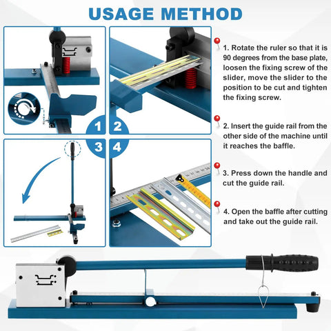 Heavy Duty Pro Grade DIN Rail Cutter With Built In Ruler showing usage method and anti slip handle