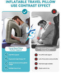 Comparison of ergonomic inflatable travel neck pillow vs traditional pillow showing 45° support and arm cradle for airplanes and cars.