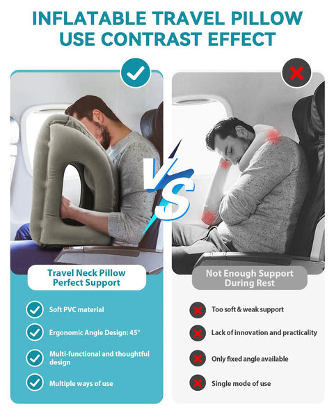 Comparison of ergonomic inflatable travel neck pillow vs traditional pillow showing 45° support and arm cradle for airplanes and cars.