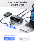 All In One 13-In-1 Laptop Docking Station Plug And Play Ready With 2.26 Inch LCD Display, shown connected to a laptop.