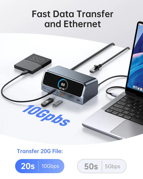 All In One 13-In-1 Laptop Docking Station Plug And Play Ready With 2.26 Inch LCD Display, shown connected to a laptop.