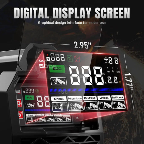 Close-up of Non-Touch Pilot Arc Plasma Cutter 50A For DIYers, 110/220V, showing 4.05 Inch LED Display with operational modes.