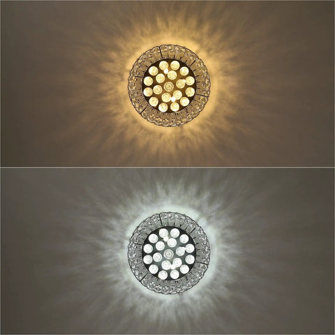 Dope Black K9 Crystal Flush Mount Chandelier 4 Light Ceiling Fixture with Metal Round Shade, illuminated view, 12 Inch