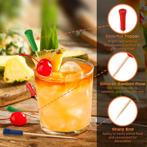 Multicolor Golf Tee Picks Set Of 500 For Appetizers And Party Decor Bamboo Toothpicks in cocktail with fruit garnish.