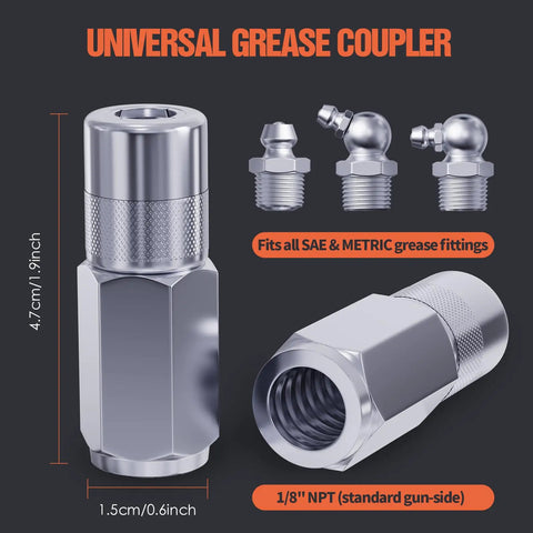 4 Pack Universal Grease Gun Couplers For 1/8 Inch NPT Threads With 4 Jaw Locking Fittings, chrome finish, compatibility details.