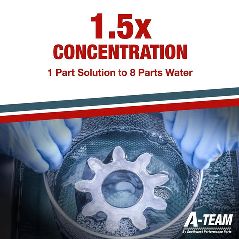 Top Shelf Ultrasonic Cleaner Solution One Gallon Concentrate Blends Fast For Brutal Carburetor And Engine Degreasing, showing gear in cleaning basket.