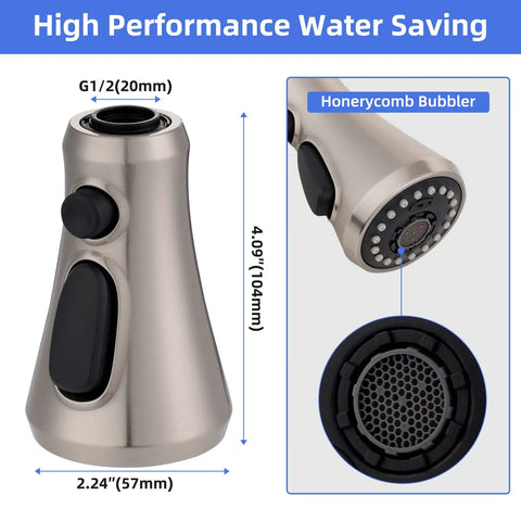 Universal Pull Down Kitchen Faucet Head Replacement With 3 Functions Anti Splash Design, Brushed Nickel Finish, Honeycomb Bubbler