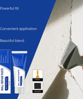 DIY Friendly All In One Drywall Repair Kit With Patches Spackle Sanding Paper And Scraper For Fast Setting Wall Mending Paste And Quick Drying Formula With Precision Nozzle Cap For Easy Cracks And Corner Fixes shown in use on cracked wall.
