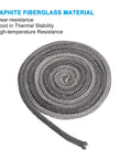 Rolled graphite fiberglass wood stove gasket rope, 3/8 x 118 in, black, round seal.