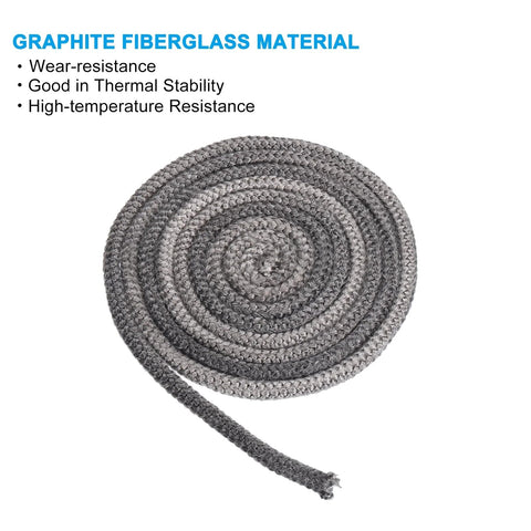 Rolled graphite fiberglass wood stove gasket rope, 3/8 x 118 in, black, round seal.