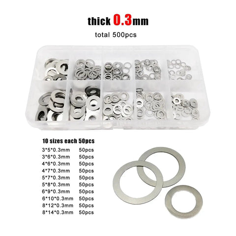 Ultra Thin Stainless Steel Flat Washer Set 304 A2 Go To Shim Kit, 500 Pcs, 0.3mm washers in storage box