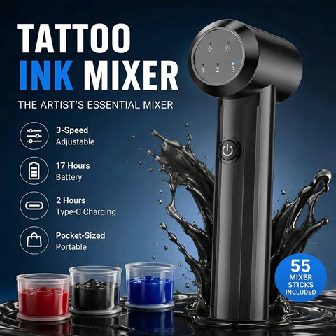 Pro Tattoo Ink Mixer Kit with 55 Piece Ink Mixer Sticks, 3 Speed Adjustable, Portable Fast Electric Pigment Mixer for Tattoo Supplies
