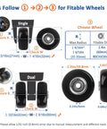 Diagram for Replacement Luggage Wheels And Hacksaw Kit for single and dual casters showing fit dimensions and measurements.