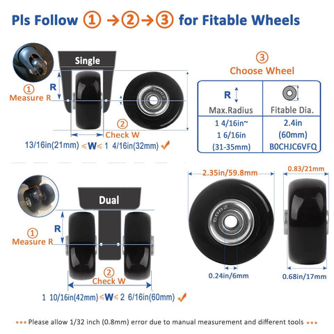 Diagram for Replacement Luggage Wheels And Hacksaw Kit for single and dual casters showing fit dimensions and measurements.