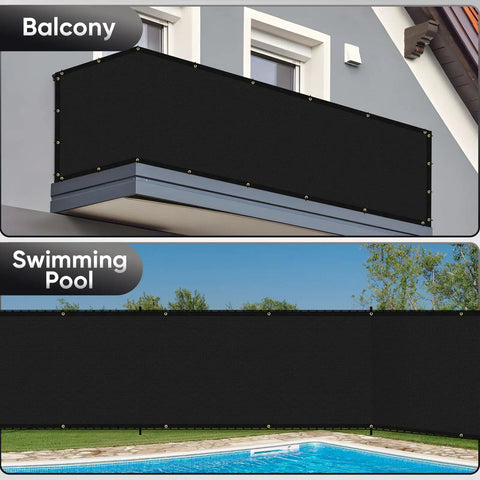 Privacy Screen Fence Mesh 5ft by 50ft Black Heavy Duty Outdoor Covering shown on balcony and pool fence