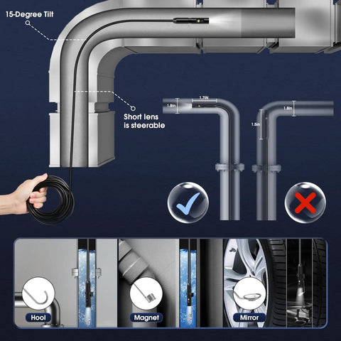 Dual Lens Endoscope 1080P Borescope with 32.8ft cable inspecting tight plumbing spot with 15-degree tilt guide on use