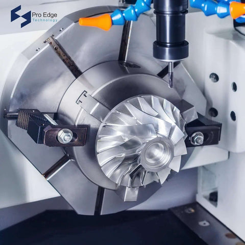 1/8 in carbide square end mill, 4-flute TiAlN-coated, installed in CNC milling spindle; Pro Edge logo