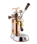 Handcrafted Italian 16 Cup Lever Espresso Machine Featuring Chrome Copper Body And Rosewood Handles Dual Frothing System.