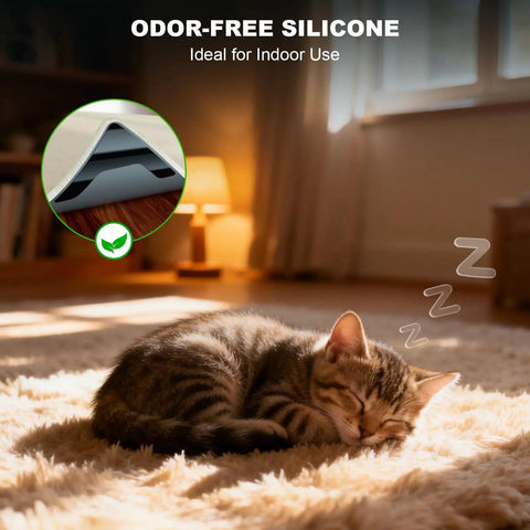 Sleeping cat on rug with Rug Tape Kit With 24 Pcs No Glue Silicone Bottom For Strong Hold Anti Slip Pads with inset of tape corner