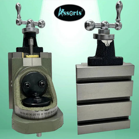 Double Swivel Vertical Milling Slide For Small Lathes And Bench Mills 100mm X 125mm With 3 Tee Slots Bronze Nut Square Thread Fits Other Similar Sized Machines Two Way Base And Table For Quick No Fuss Setup, side and front view.