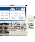 3 In 1 Furniture Connecting Kit with 108 piece box of eccentric wheels, cam lock screws for cabinets and desks, shown open