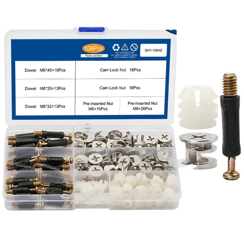 3 In 1 Furniture Connecting Kit with 108 piece box of eccentric wheels, cam lock screws for cabinets and desks, shown open
