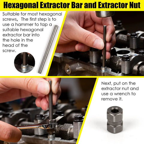Hand using hexagonal extractor bar in engine; Heavy Duty 55 Piece Screw And Bolt Extractor Set With Multi Spline Bits And Drill Bits