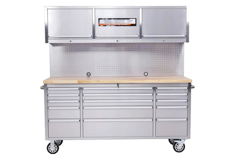 Seventy Two Inch Rolling Tool Chest With Fifteen Drawers And Locking Wheels in silver with solid wooden top