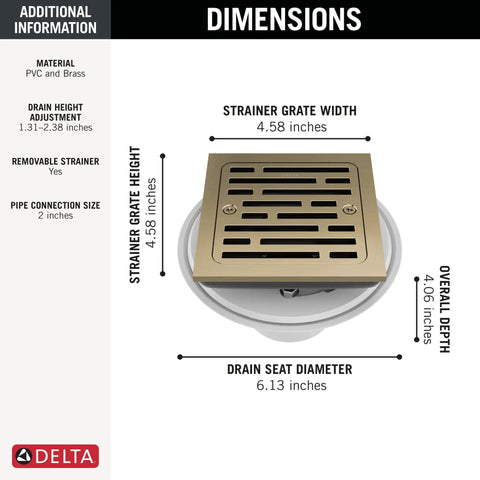 4 Inch Square Shower Floor Drain Champagne Gold Tile In Kit Adjustable Brass Pvc Material construction dimensions with strainer grate and drain details