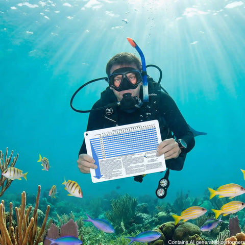 Scuba diver holding the No Decompression Dive Table In Feet With Instructions Imperial Dive Planner underwater