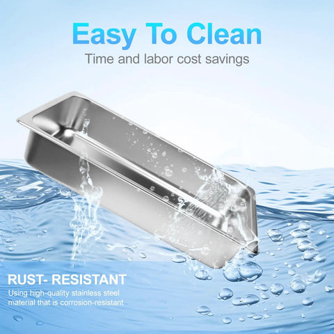 6 Pack Hotel Pans 1 By 1 Size 4 Inch Deep Stainless Steel Trays for Food with water showing easy clean feature