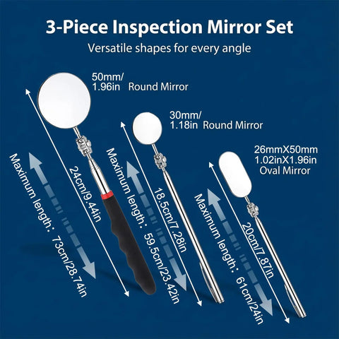 Three Piece Stainless Steel Extendable Mechanic Mirror Set With Telescoping Rotating Head Inspection Mirrors displayed