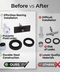 8 Inch Clamshell Diff Bearing Puller Seal Kit Fits 2005 2018 Replaces Needle Bearings Steel shows before and after leak prevention parts