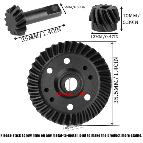 Beefed Up One Tenth Scale RC Differential Gear Assembly Upgrade Kit with steel helical gears and measurements for 4x4 models.