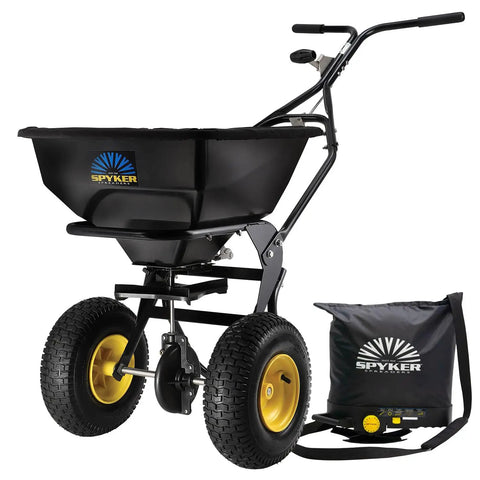 Spyker All Season Spreader Kit Ergo Pro 50 Pound Broadcast Spreader With 25 Pound Bag Spreader with adjustable handle and pneumatic tires