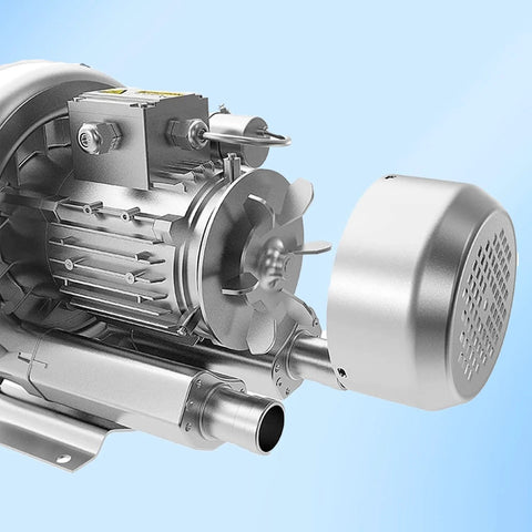 2HP regenerative blower, silver metal housing with cooling fins and visible impeller (side view)
