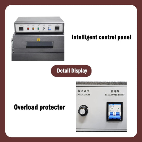 Intelligent control panel and overload protector on Heavy Duty 220V Heat Shrink Tunnel Machine With Continuous Net Conveyor for POF PVC Film Packaging.