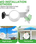 Diagram showing adjustable deck umbrella mount for railings and posts, illustrating installation on right angles and flat surfaces.
